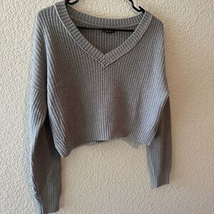 Gray V-Neck Sweater Ribbed Knit